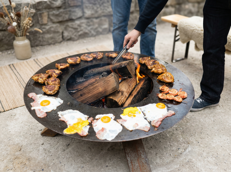 Diese individuell gefertigte Feuerstelle mit Grillring dient als Wärmequelle und Kochstelle im Freien. Der grosszügige Ring bietet Platz für die Zubereitung verschiedenster Speisen über dem offenen Feuer.