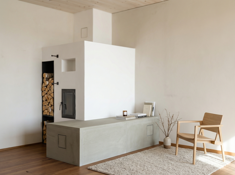 Dieser Speicherofen verbindet traditionelle Wärmespeicherung mit modernem Design. Die individuell geplante Feuerstelle integriert ein praktisches Holzfach und eine Sitzbank in Sichtbeton. So entsteht eine harmonische Einheit, die Wärme und Gemütlichkeit in den Raum bringt.