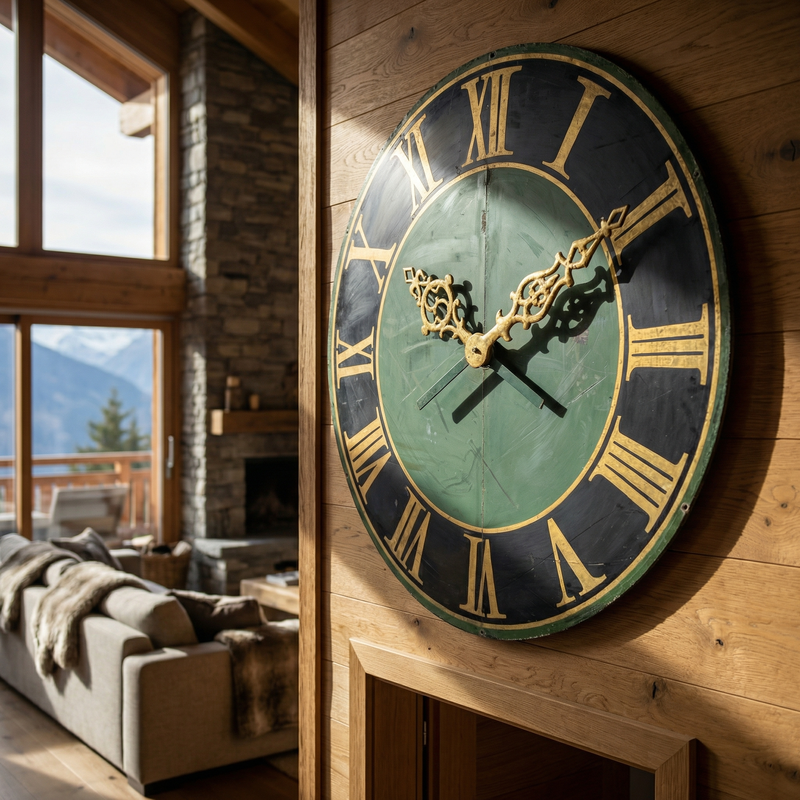 Diese historische Kirchturmuhr wird zum eindrucksvollen Blickfang in jedem Raum. Die goldenen Ziffern und kunstvollen Zeiger kontrastieren wunderbar mit dem grünen Zifferblatt. Ein besonderes Stück, das Geschichten erzählt.