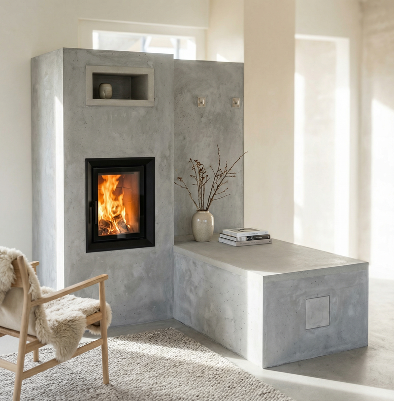 Dieser Speicherofen verbindet moderne Ästhetik mit effizienter Wärmespeicherung. Die Sichtbeton-Oberfläche unterstreicht den minimalistischen Charakter und fügt sich harmonisch in den hellen Wohnraum ein. Ein integriertes Holzfach sorgt für praktischen Komfort.