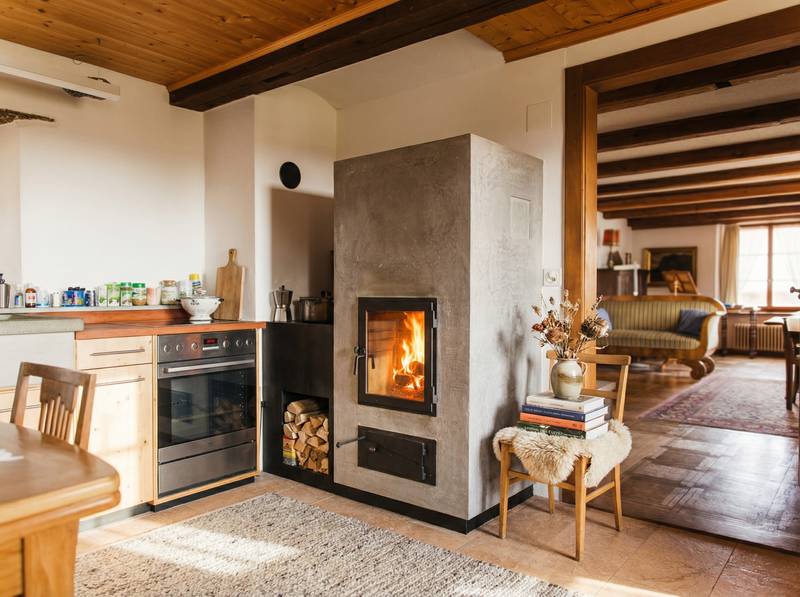 Dieser individuell geplante Speicherofen fügt sich harmonisch in das Wohnambiente ein. Seine Sichtbeton-Oberfläche verleiht ihm eine moderne Note, während das integrierte Holzfach für praktischen Komfort sorgt. Er verbindet auf diese Weise Tradition und zeitgemässe Gestaltung.