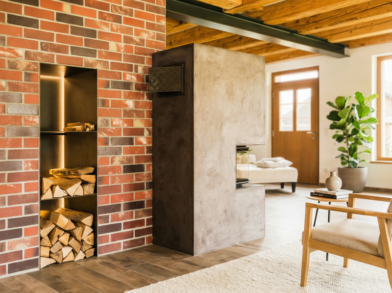 Diese Kaminanlage kombiniert eine moderne Feuerstelle mit praktischer Holzlagerung. Die Sichtbeton-Oberfläche des Kamins harmoniert mit dem warmen Farbton der Ziegelwand. Das integrierte Holzregal sorgt für Ordnung und ist gleichzeitig ein dekoratives Element.