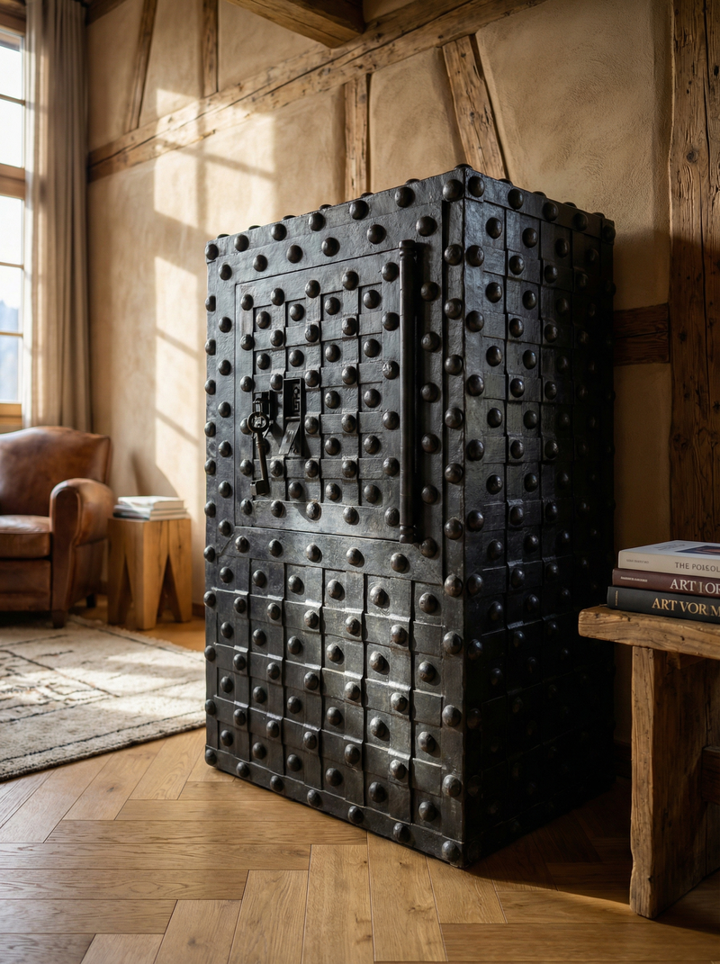 Dieser restaurierte Tresor ist ein beeindruckendes Einzelstück. Er wird zum Blickfang in jedem Raum und bietet gleichzeitig praktischen Stauraum mit Geschichte.