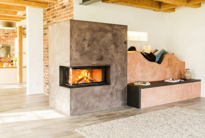 Dieser individuell gestaltete Kaminofen fügt sich harmonisch in den Wohnraum ein. Die Sichtbeton-Oberfläche des Ofens harmoniert mit der Sitzbank und dem Holzregal. So entsteht ein behaglicher Ort der Entspannung.
